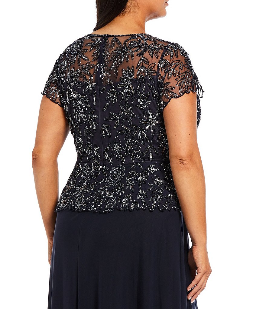 Pisarro Nights Plus Size Floral Vines Beaded Short Sleeve Peplum Flounce Bodice Chiffon Skirted Dress