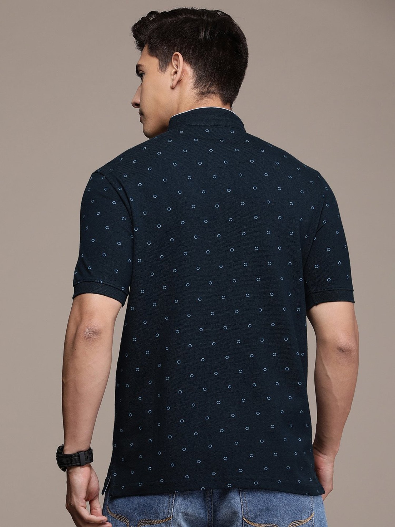 Burnt Umber Navy Regular Fit Printed Mandarin Collar T-Shirt