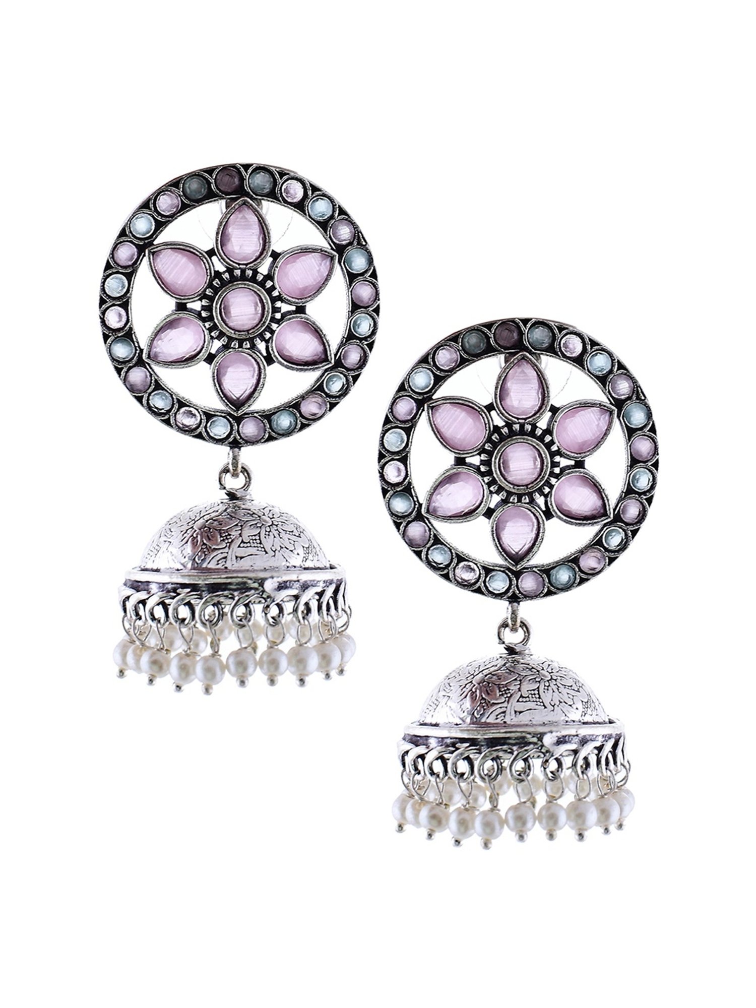 Imli Street Pink-Green Silver Tone Stone-Studded Handcrafted Jhumki Earrings