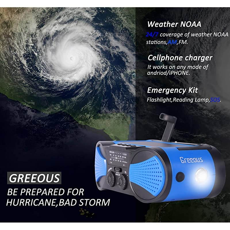 Hurricane Radio Weather RadioWaterproof Hand Crank SolarBattery Powered 4000mAh AMFMNOAASOS AlertPortable Emergency Cellphone ChargerMusic SpeakerFlashlight Reading LampBlue