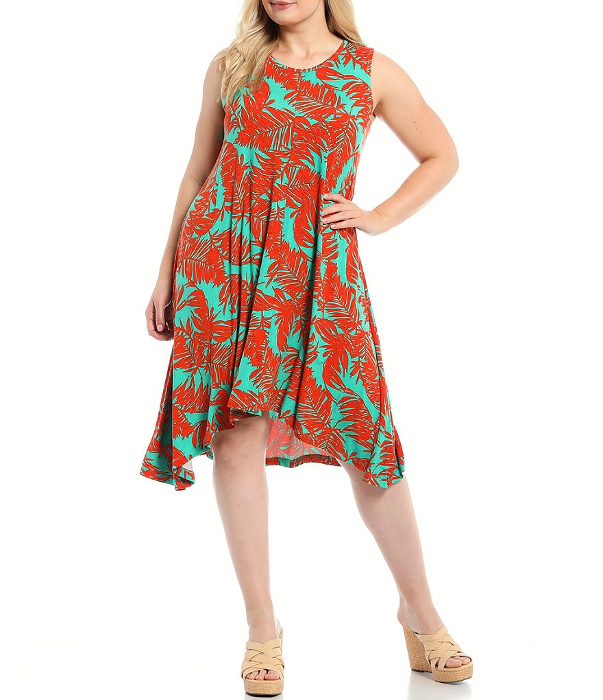 Jessica Simpson Plus Size Scoop Neck Jade Banana Leaves Print Hi-Low Sharkbite Hem Sleeveless Dress
