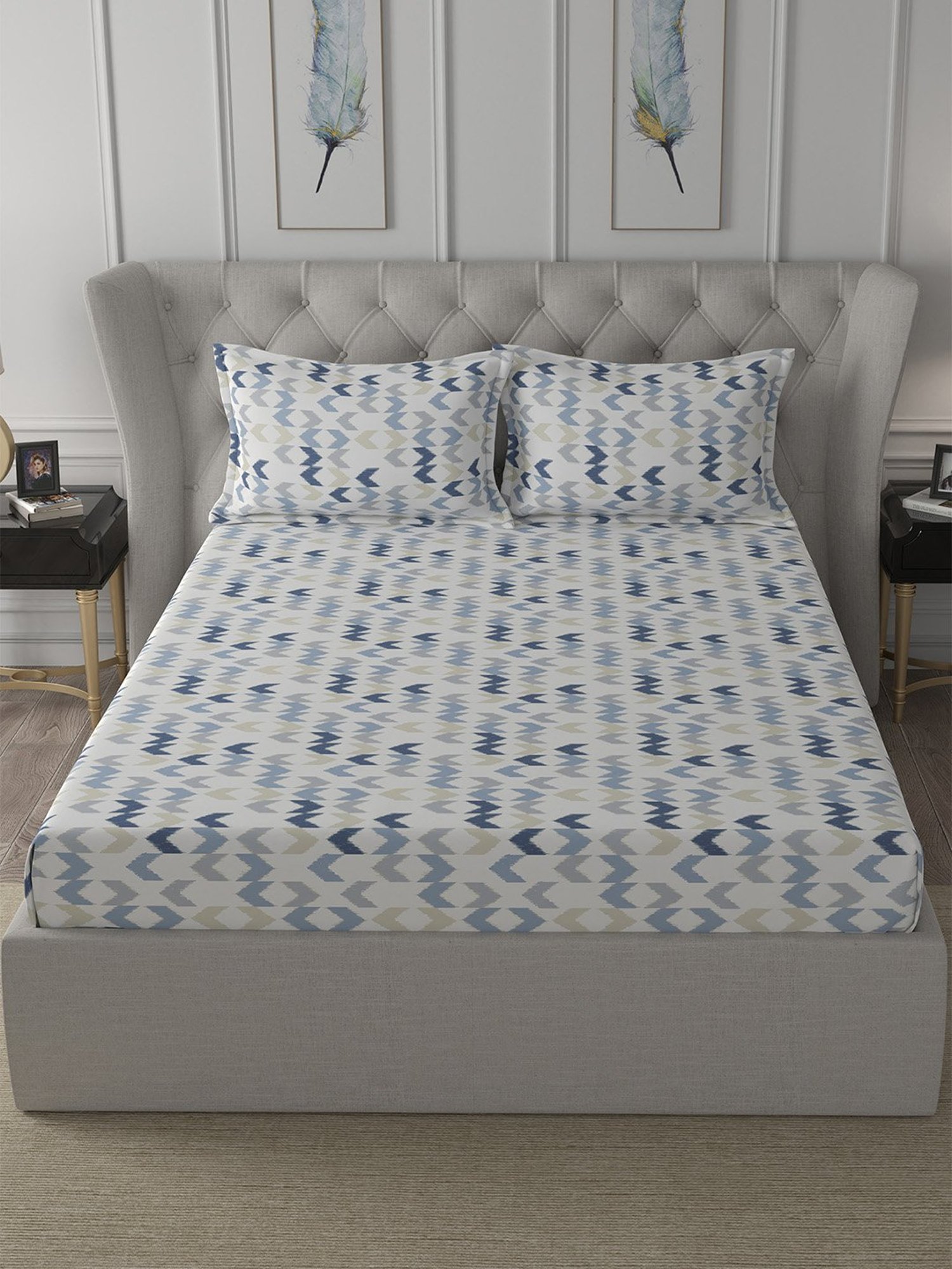 In-House by Maspar Blue 200 TC Cotton Printed Bed Sheet with 2 Pillow Cover