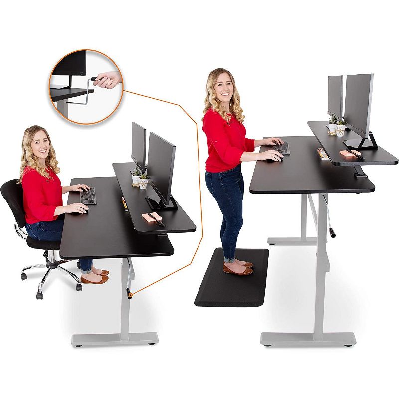 Tranzendesk Standing Desk with Clamp-On Shelf - 55" Sit to Stand Workstation with 55" Monitor Stand - Black with Silver Legs - Stand Steady