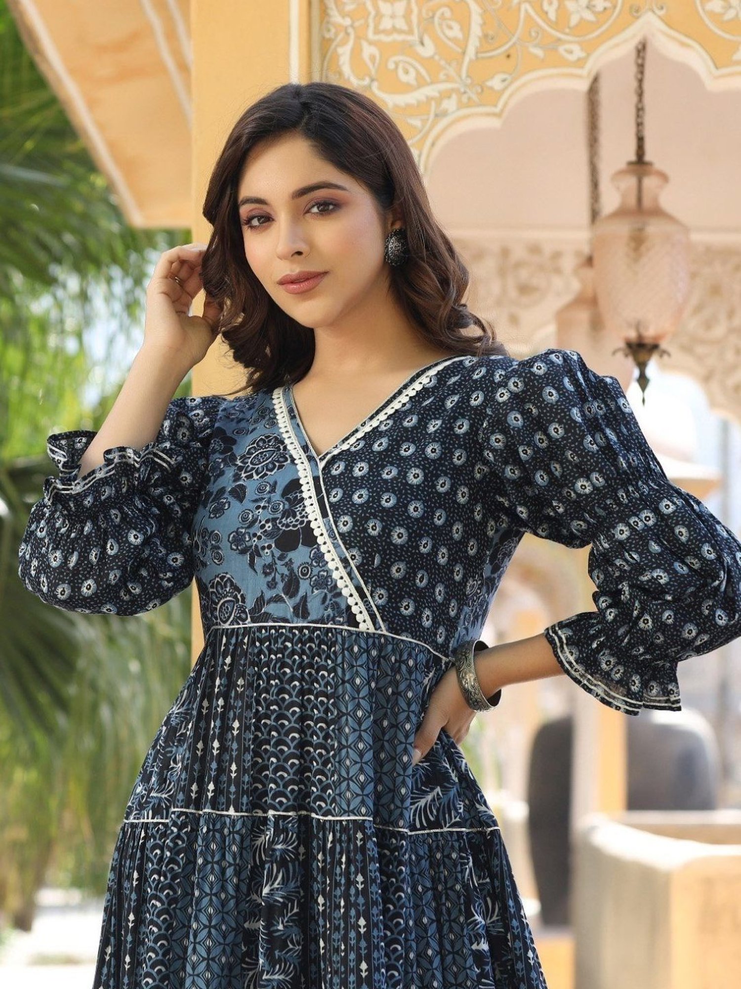 Everbloom Blue Navya Printed Angrakha Tiered Kurta With Pant