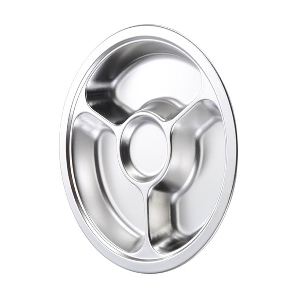 1Pc Sub-Grid Plate 4-grid Plate for Food Stainless Steel Meal Plate Plate Round Food Plate (Silver)