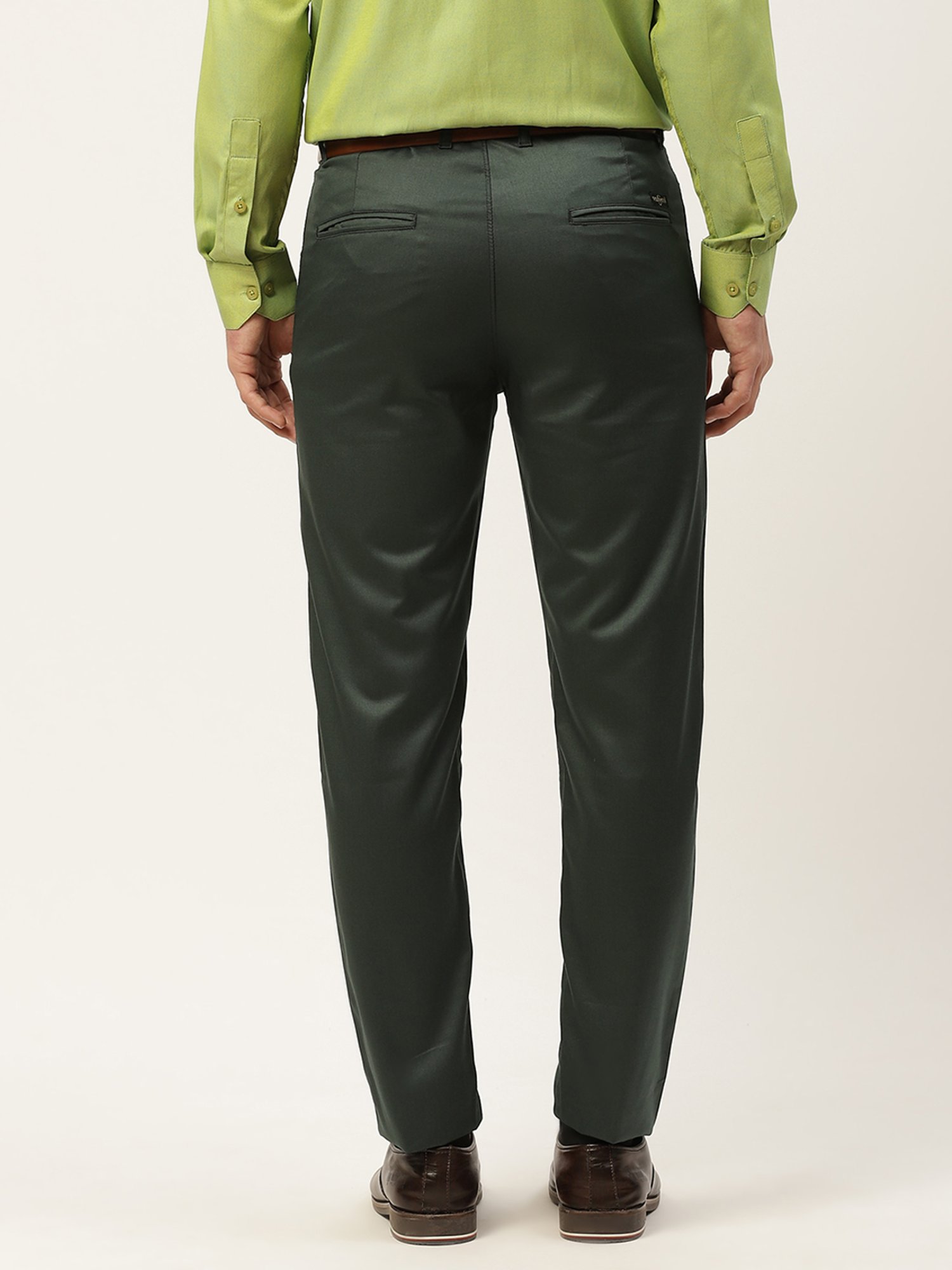 Sojanya Green Cotton Regular Slim Fit Flat Front Trousers