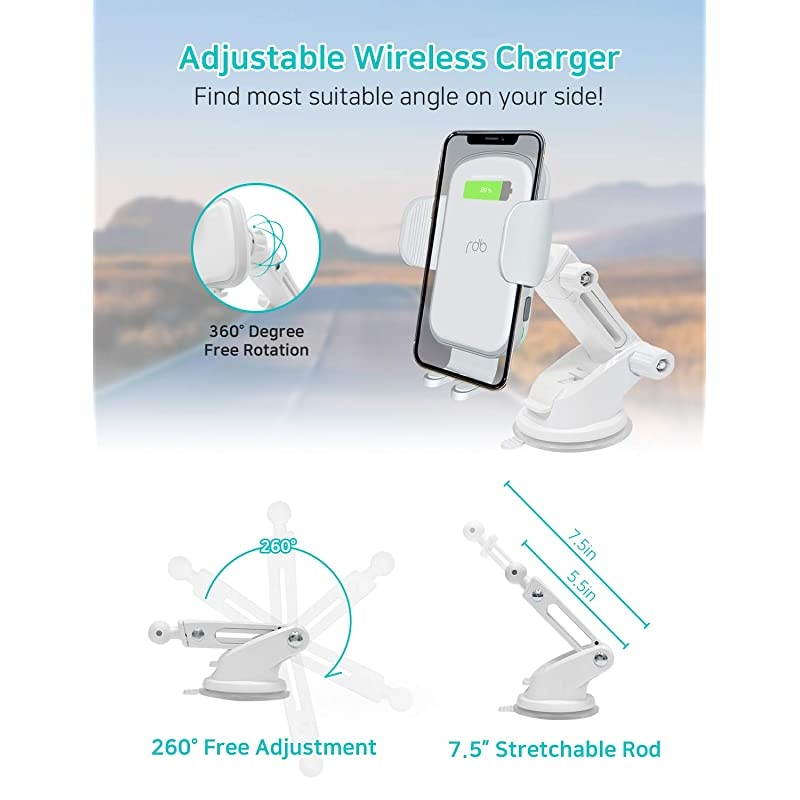 Wireless Car Charger 15W Qi Fast Charging Auto Clamping Mount Windshield Dashboard Air Vent Phone Holder Compatible with iPhone 11 Pro Max XS XR X 8 Plus Samsung S10 S9 S8Pure White