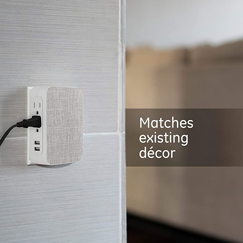 Pro 5 Outlet 2 USB Fabric Wall Tap Sur Protector Side Access Designer Power Adapter Plug in Extender 560 Joules GrayWhite 43436