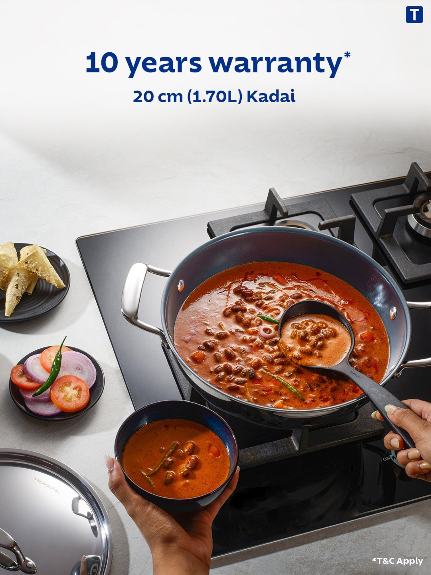 Tramontina Fusao Non-Toxic Triply Stainless Steel Ceramic Kadai with lid 20cm/1.7L Induction Base