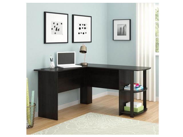 L-Shaped Wood Computer table Game Table Desk Right-angle Computer Desk with Two-layer Bookshelves,Brown,GT12