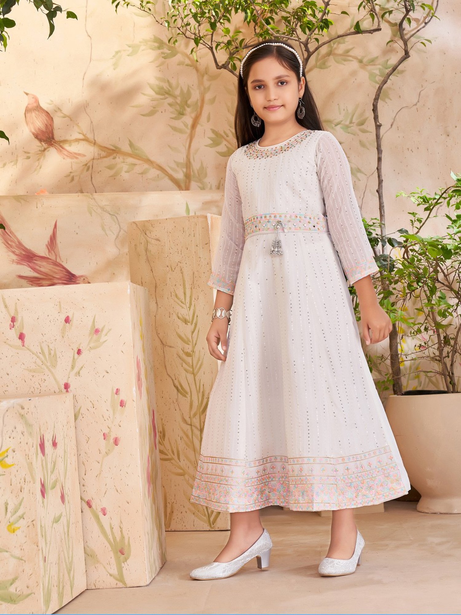 Aarika Girls Cream Embellished Gown