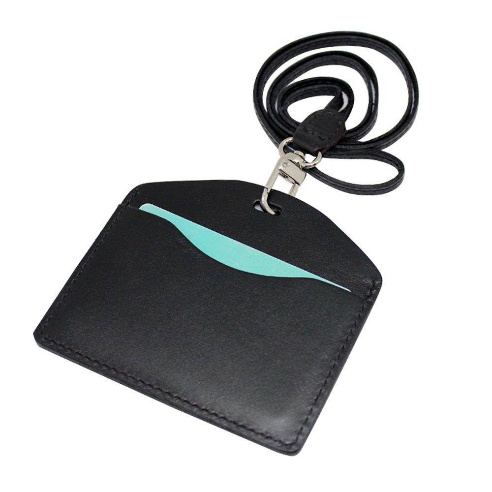 Boshiho Genuine Leather ID Card Badge Holder with Heavy Duty Lanyard Horizontal Style (Black)
