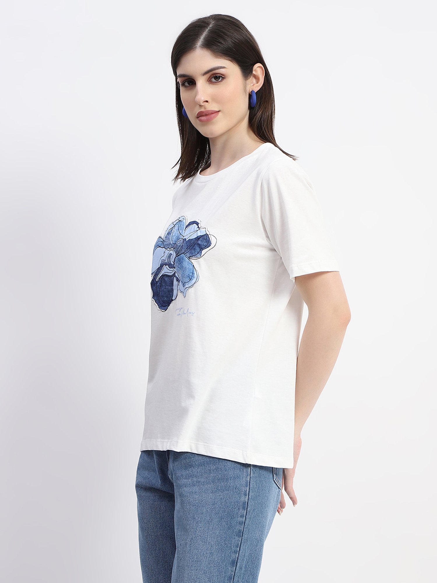 MADAME White & Blue Cotton Printed T-Shirt