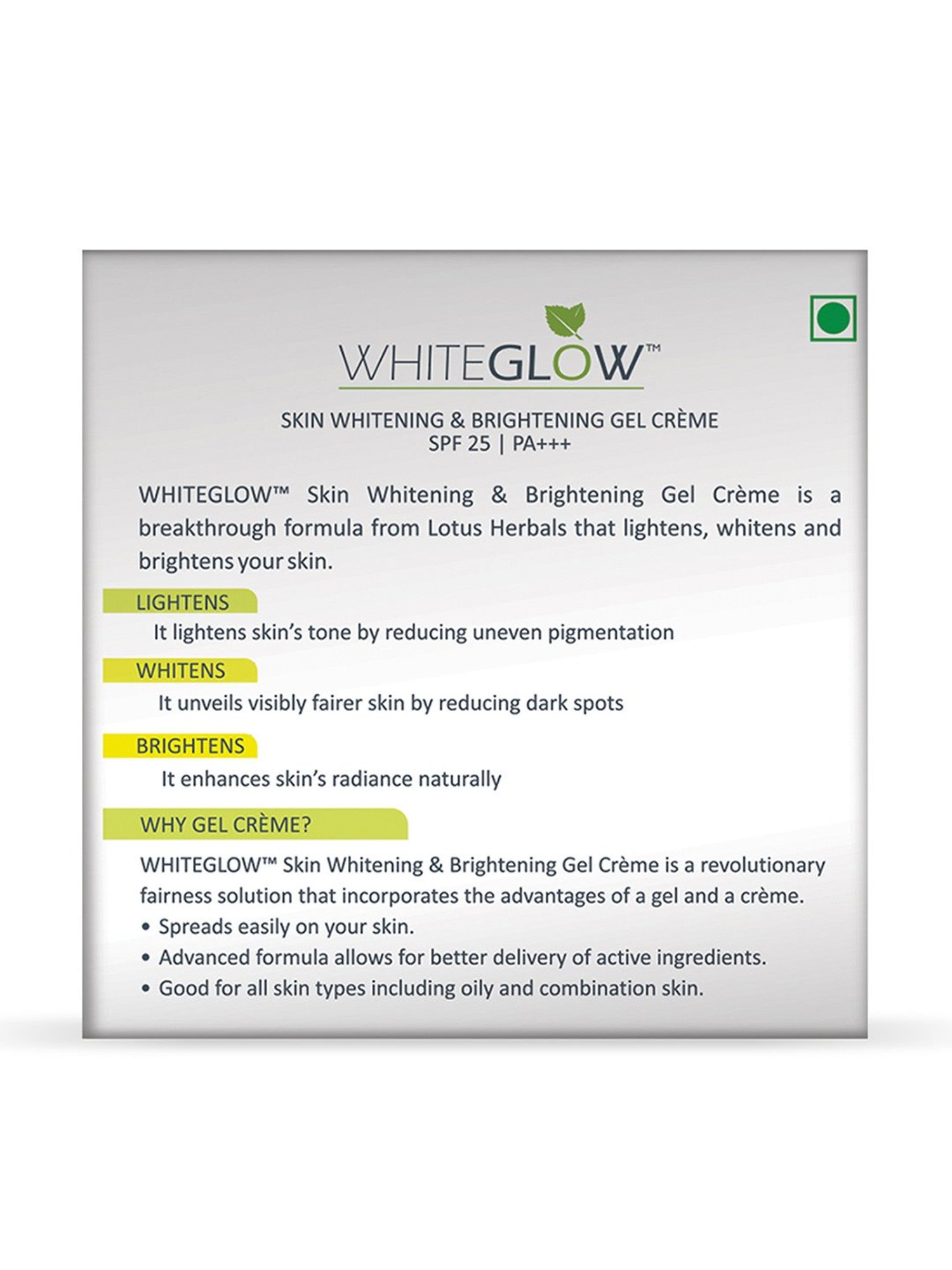 Lotus Herbals Whiteglow SPF 25 Gel Cream - 60 gm