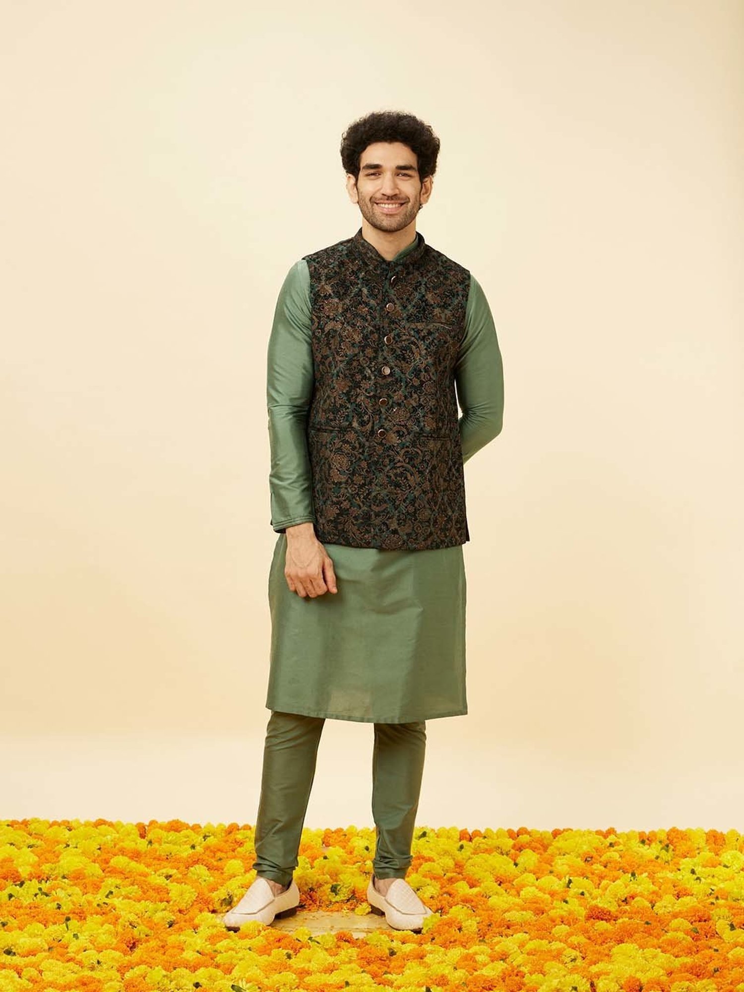 Manyavar Light Green Regular Fit Self Design Nehru Jacket