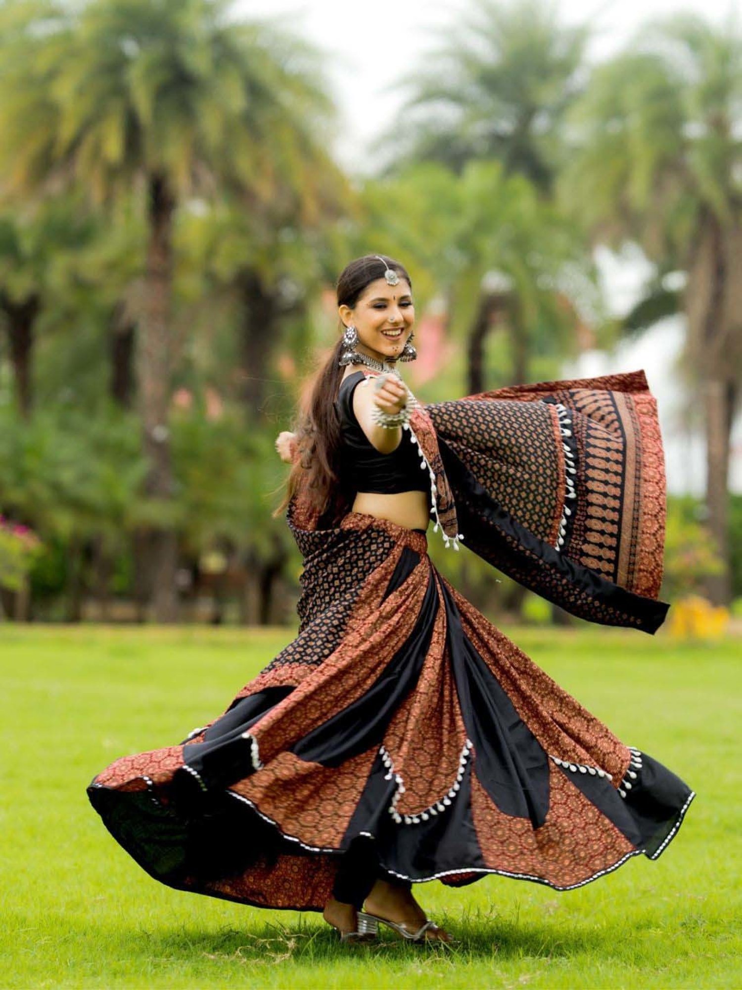 Odette Black & Rust Cotton Printed Lehenga Choli Set With Dupatta