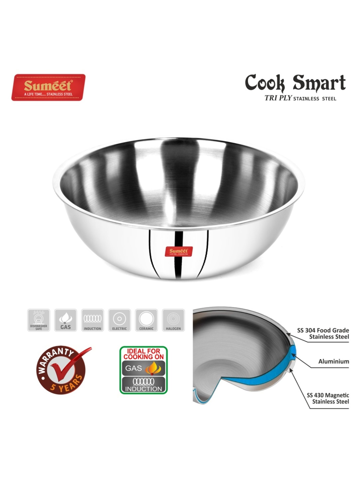 Sumeet Cook Smart TriPly Stainless Steel Tasra - 4Ltr - 28Cm