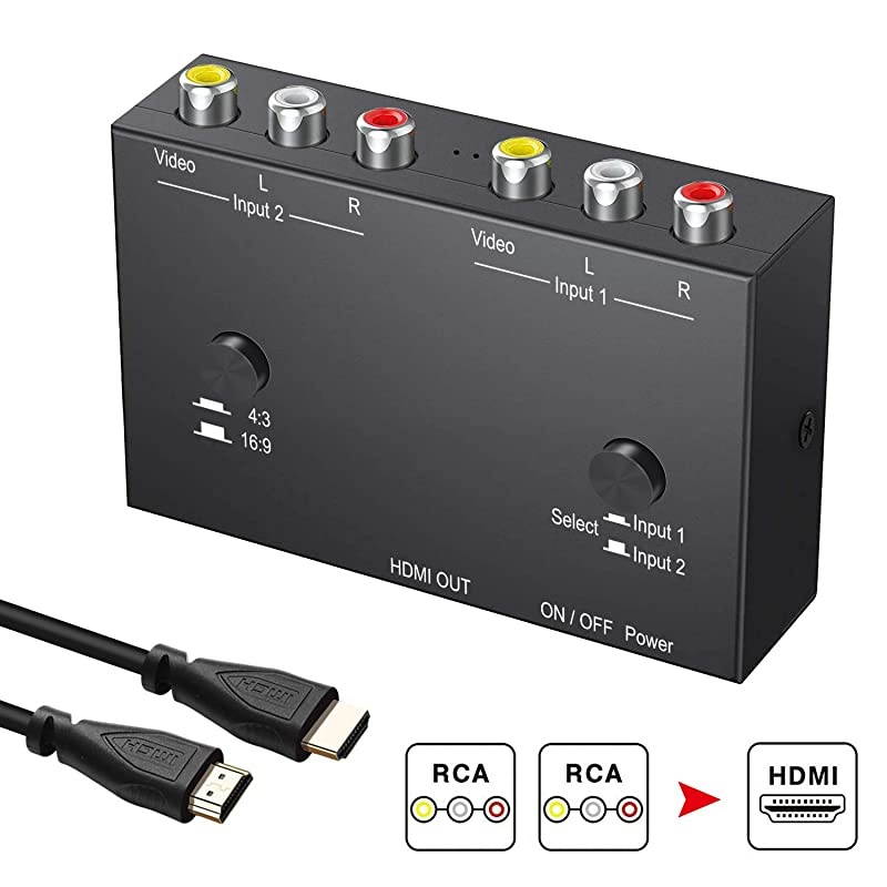 to HDMI Converter Double RCA to HDMI Converter 2 RCA Input 1HDMI Output Support 16943 Compatible with WII N64 PS1 PS2 PS3 VHS VCR DVD Players etc RCA to HDMI Converter