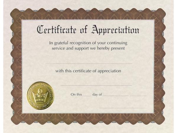 Cosco Ready-to-Use Certificates 11 x 8.5 Ivory/Brown Appreciation 6/Pack 930000