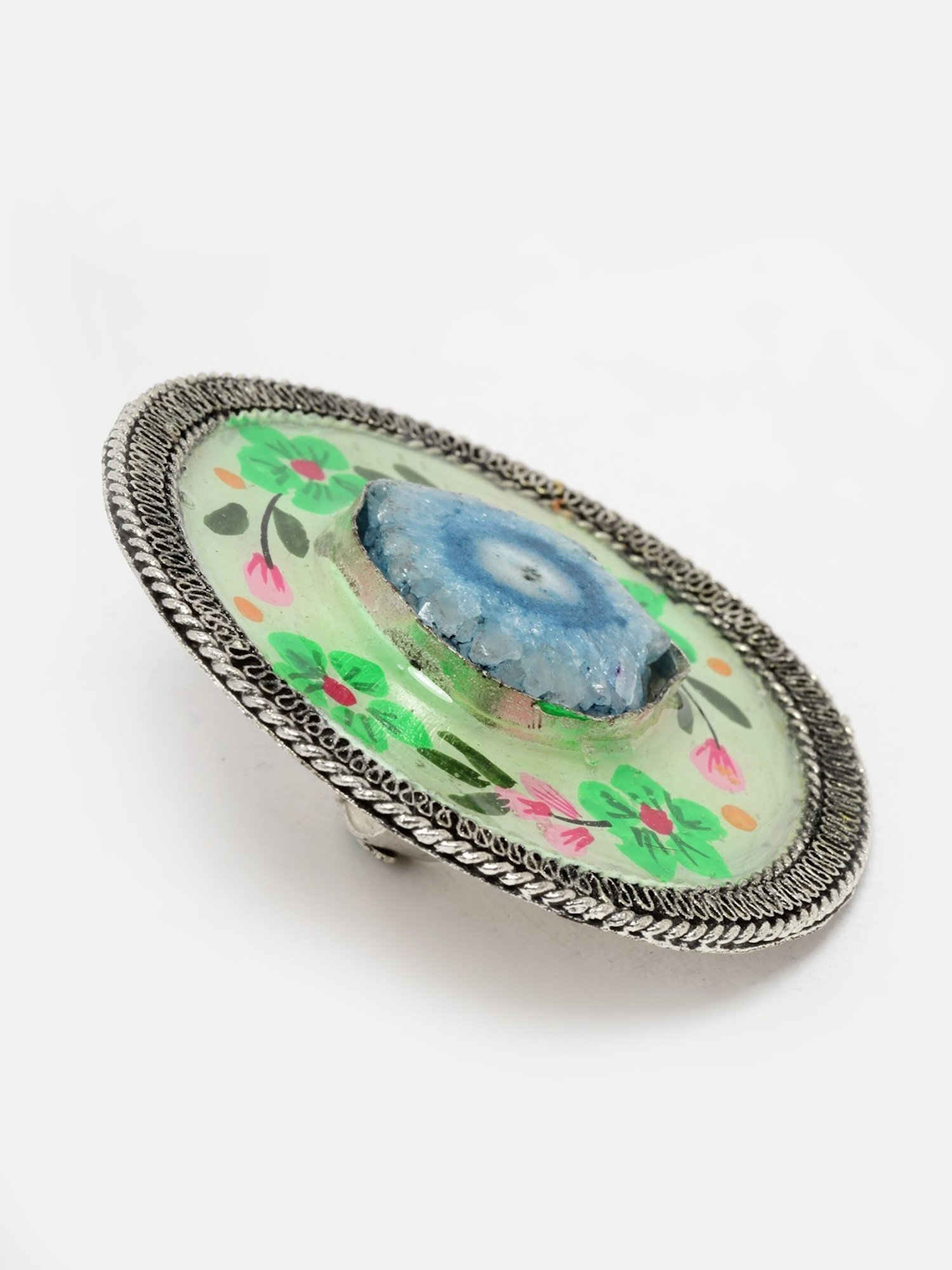 Moedbuille Agate Studded Handpainted Meenakari Floral Design Oxidised Silver Plated Finger Ring