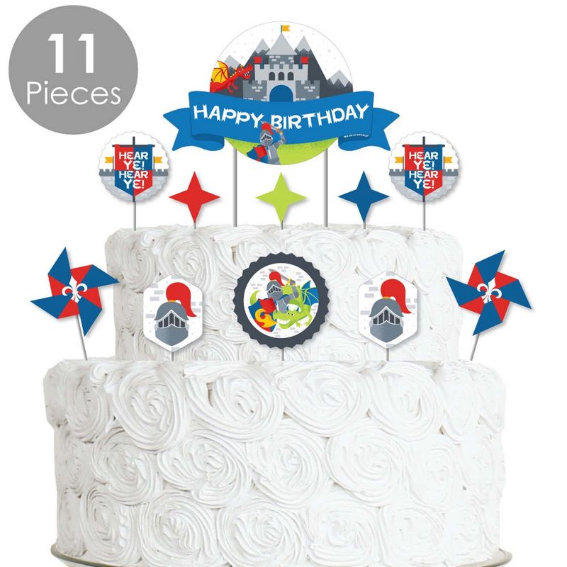 Big Dot of Happiness Calling All Knights and Dragons - Medieval Birthday Party Cake Decorating Kit - Happy Birthday Cake Topper Set - 11 Pieces