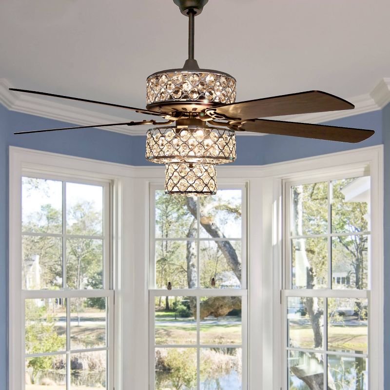 52" LED Metal Punched Triple Tiered Crystal Lighted Ceiling Fan Silver - River of Goods
