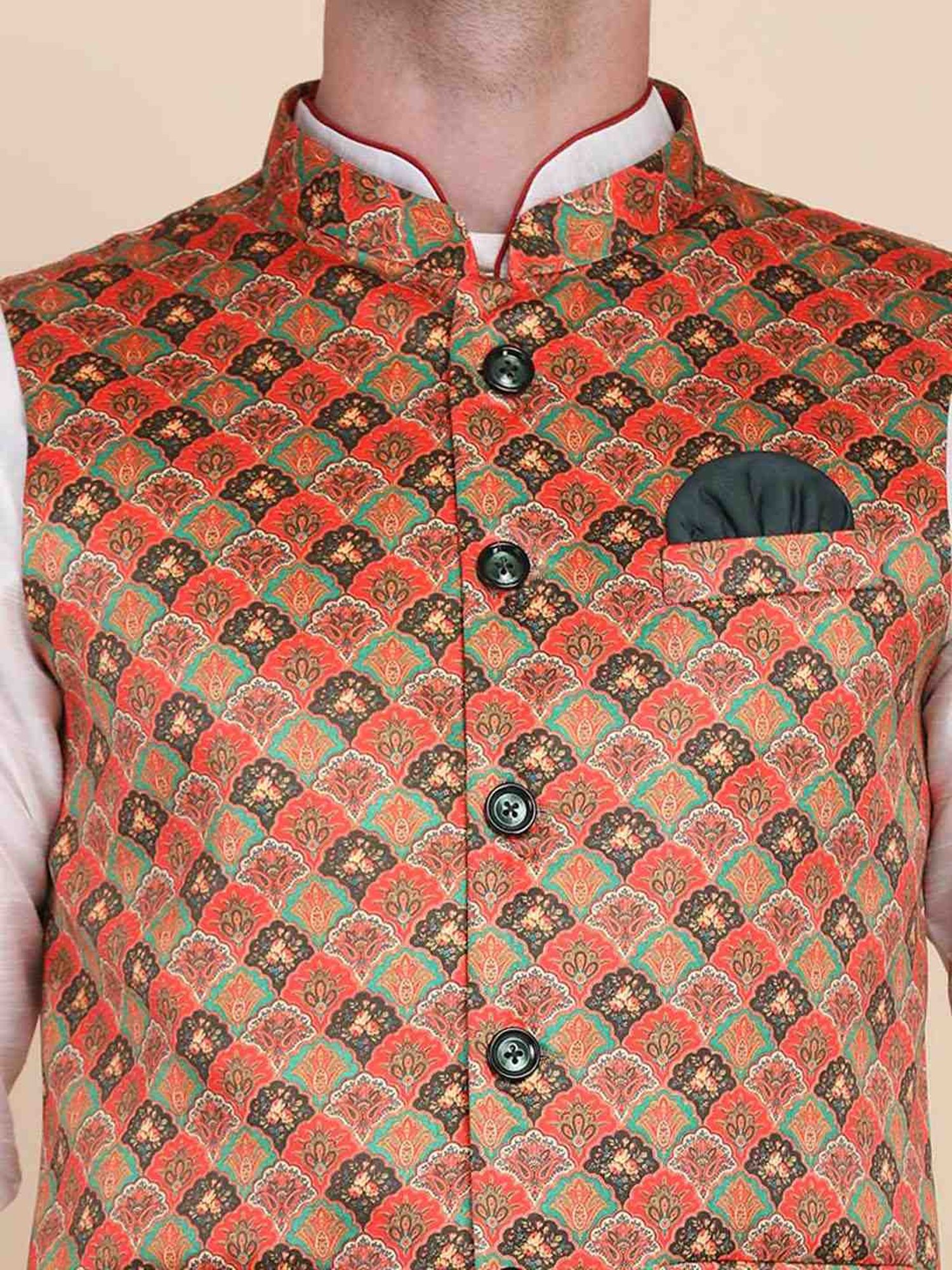 TAHVO Orange Satin Slim Fit Printed Nehru Jacket