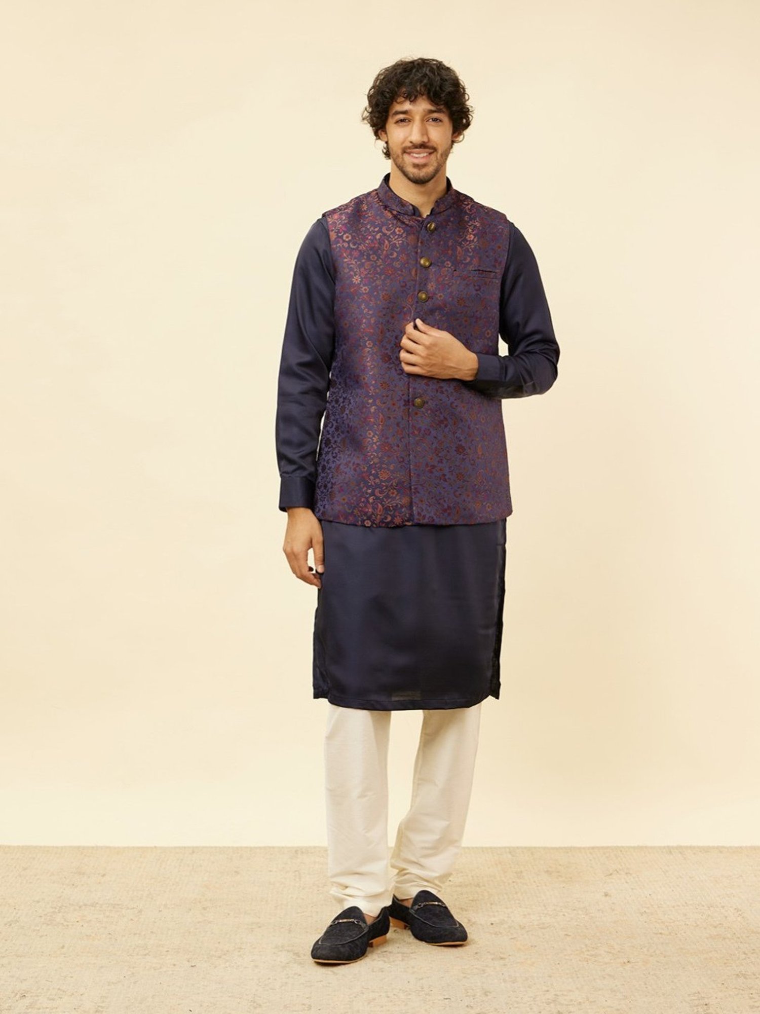 Manyavar Navy Regular Fit Self Pattern Nehru Jacket