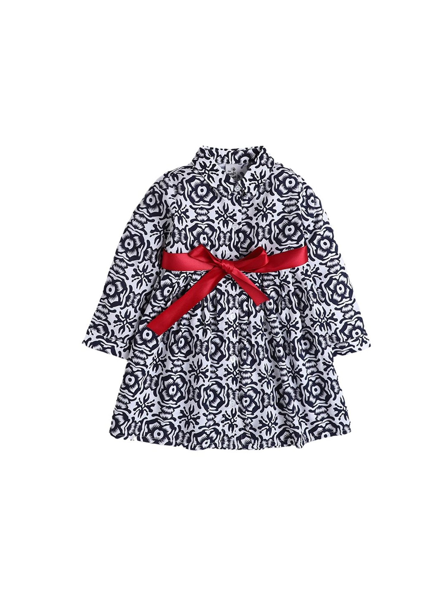 The Magic Wand Kids White & Black Floral Print Dress with Belt