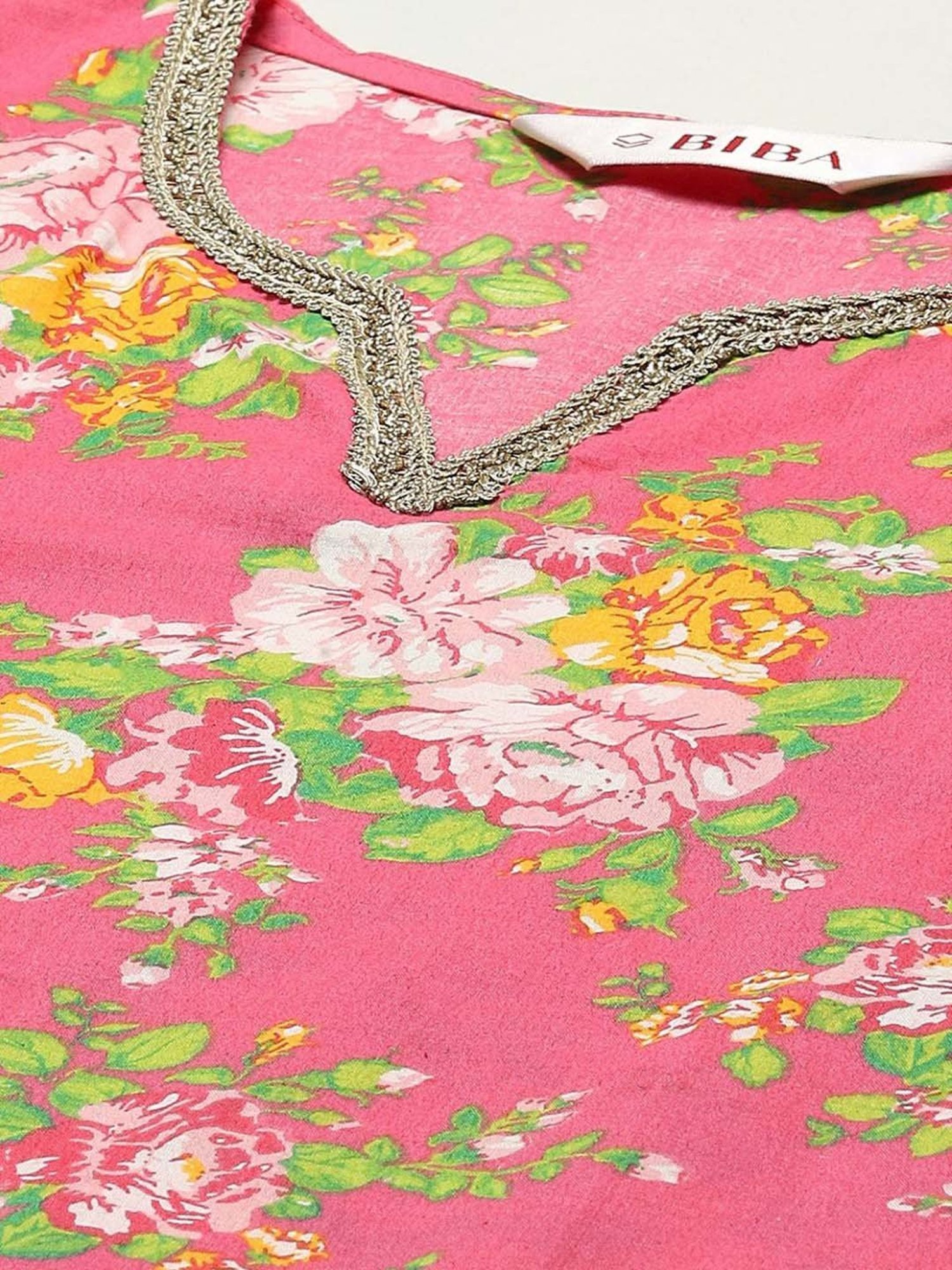 Biba Pink & Green Cotton Printed Kurti Salwar Set With Dupatta