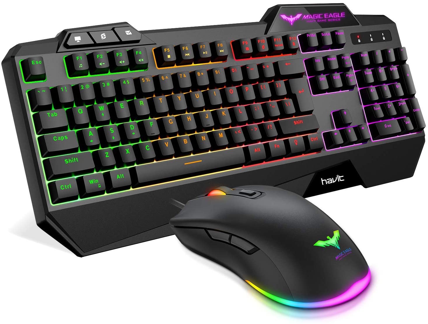 Gaming Keyboard and Mouse Combo, Led Rainbow Backlit Wired Gaming Keyboard and RGB Gaming Mouse, LED 104 Keys USB Ergonomic Wrist Rest Keyboard, 4800 Dots Per Inch 6 Button Mouse - Black