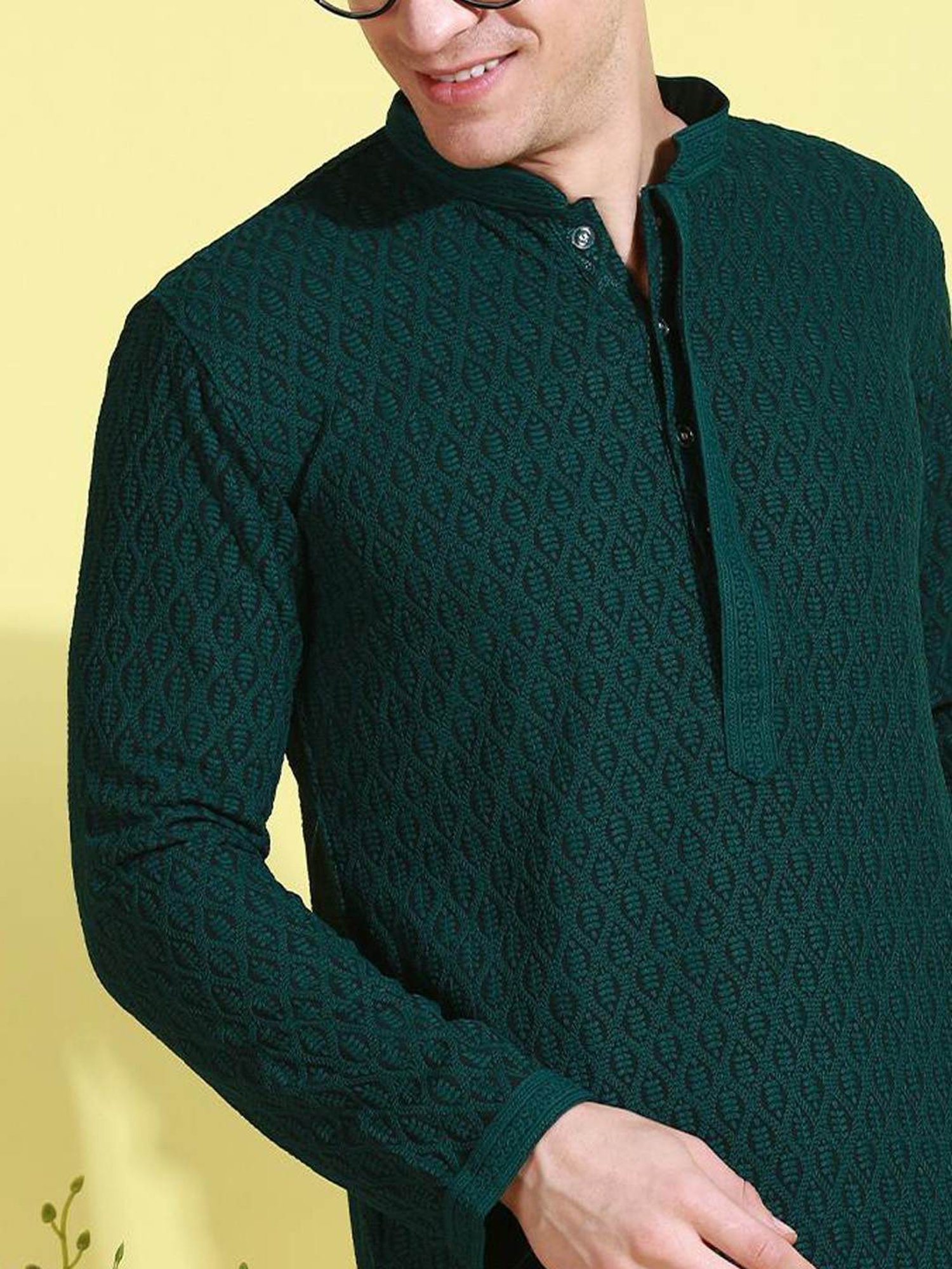 Sanwara Deep Green Cotton Regular Fit Embroidered Kurta Bottom Set