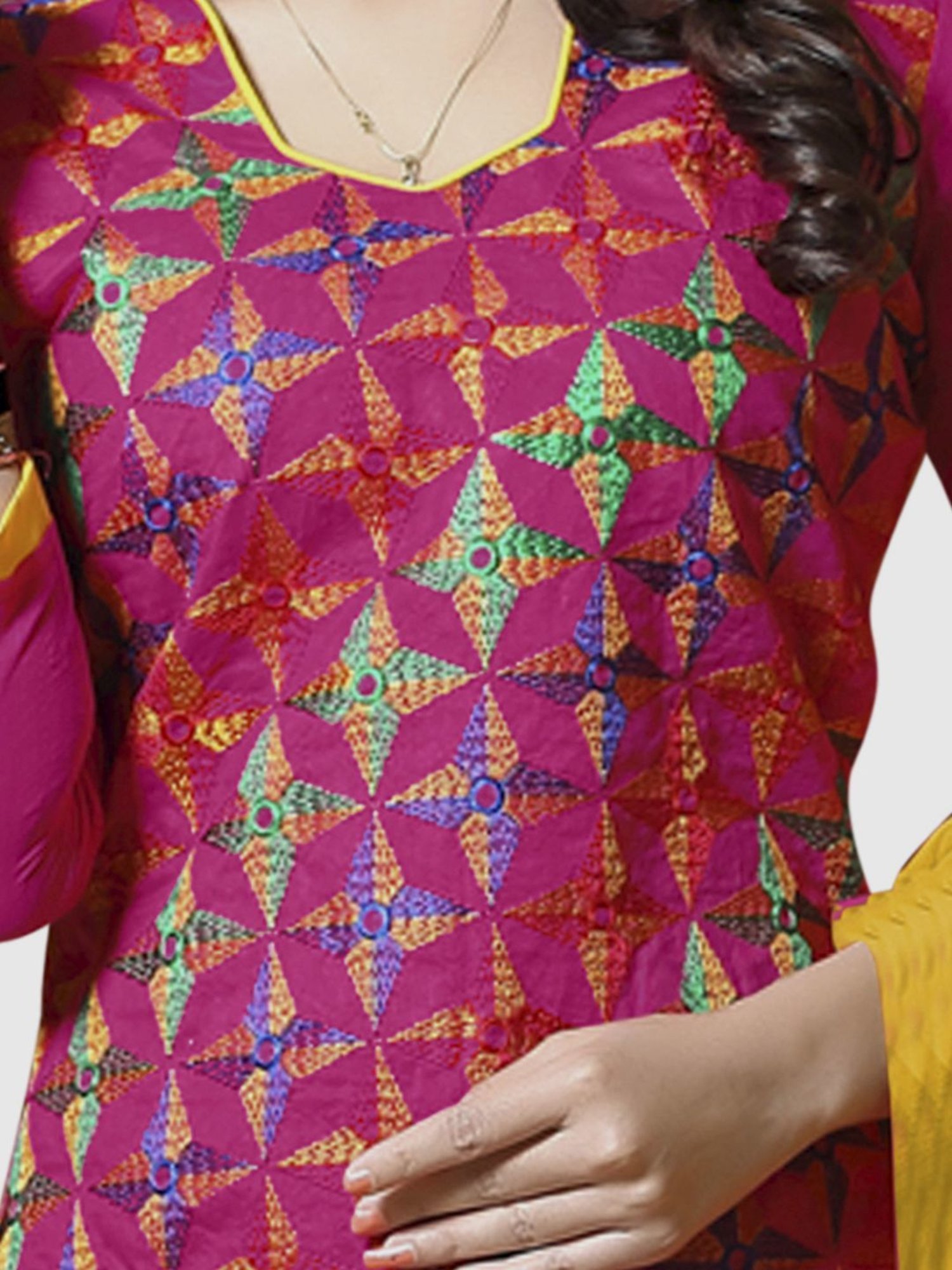 APNISHA Pink & Yellow Embroidered Unstitched Dress Material