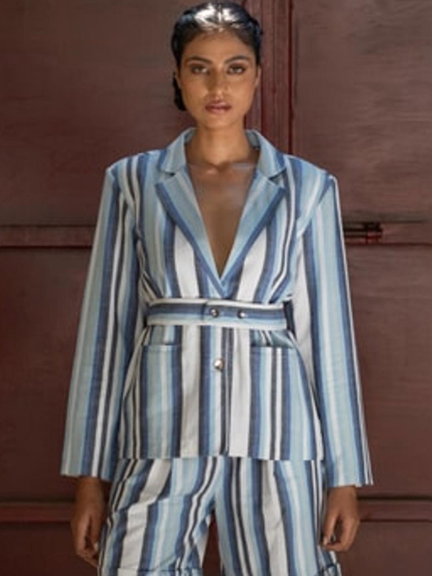 Anushe Pirani Blue & White Fika Belted Blazer