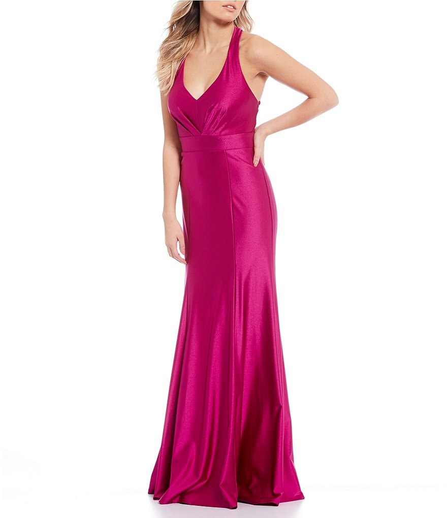 City Vibe Halter-Neck Plunging Power Satin Long Dress