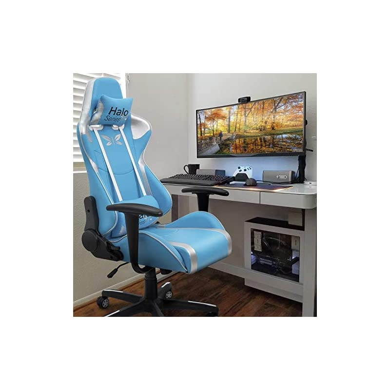 Gaming Chair Adjustable Racing Chair Halo Series Specialty Design Ergonomic Comfortable Swivel Computer Chair with Headrest and Lumbar Support (Blue and Plum red)
