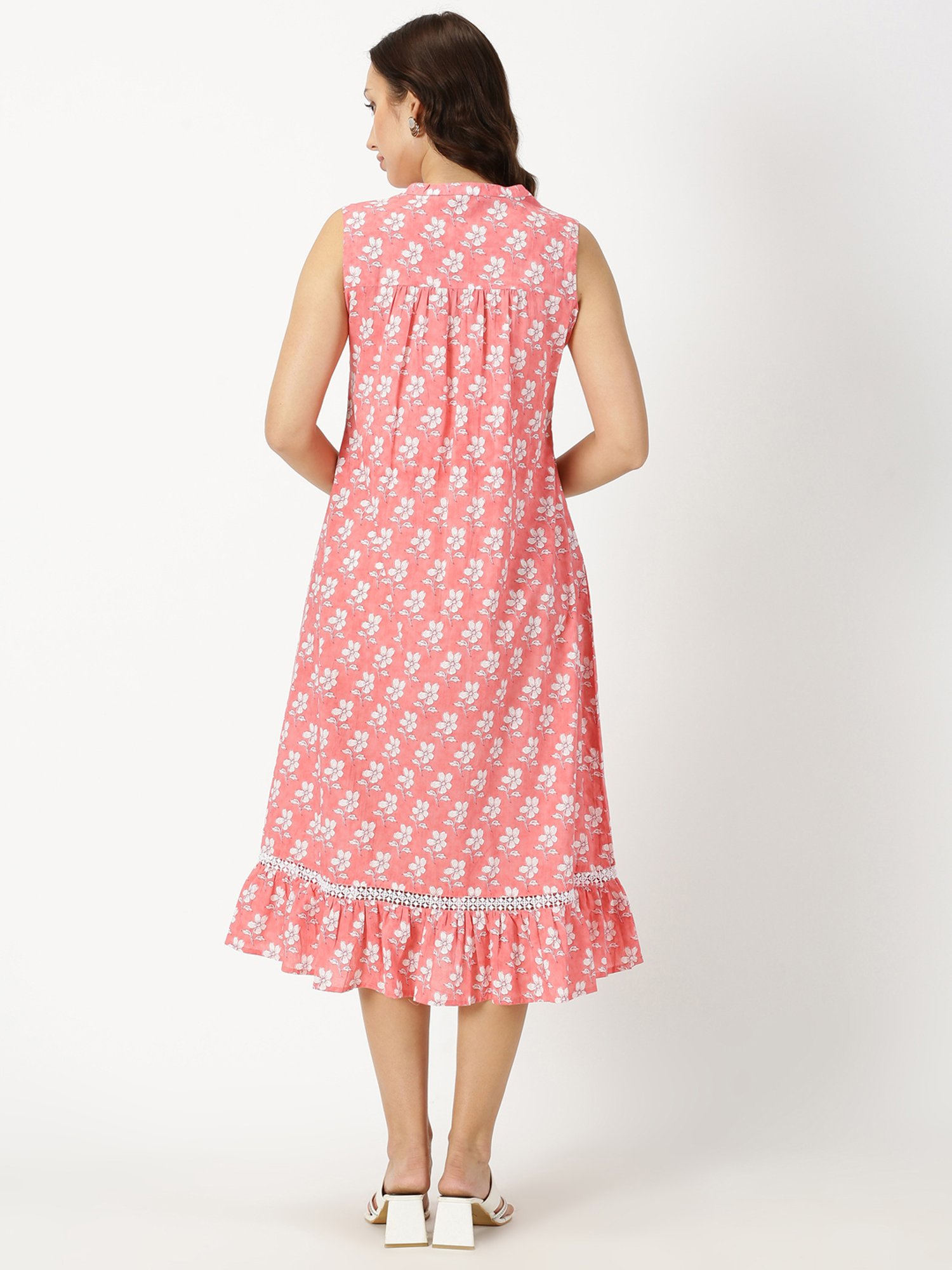 Saffron Threads Coral Cotton Floral Print Ethnic Dress