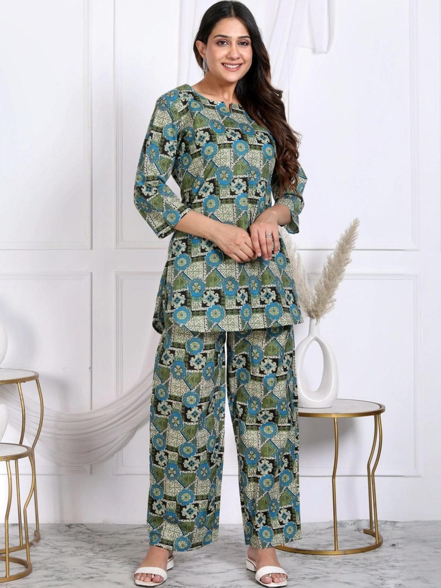 Kaftanize Green Geo Floral Printed Cotton Tunic with Pant