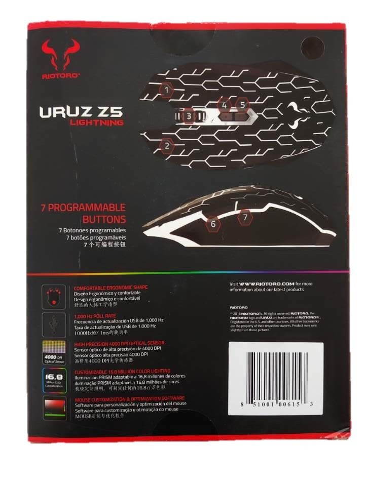 RIOTORO AUROX FPS Gaming Mouse with RGB Multicolor Lighting, (BLACK) 8 Programmable Buttons, 10,000 dpi Optical Sensor, On-the-fly DPI Shifting, Adjustable DPI Sniper Button