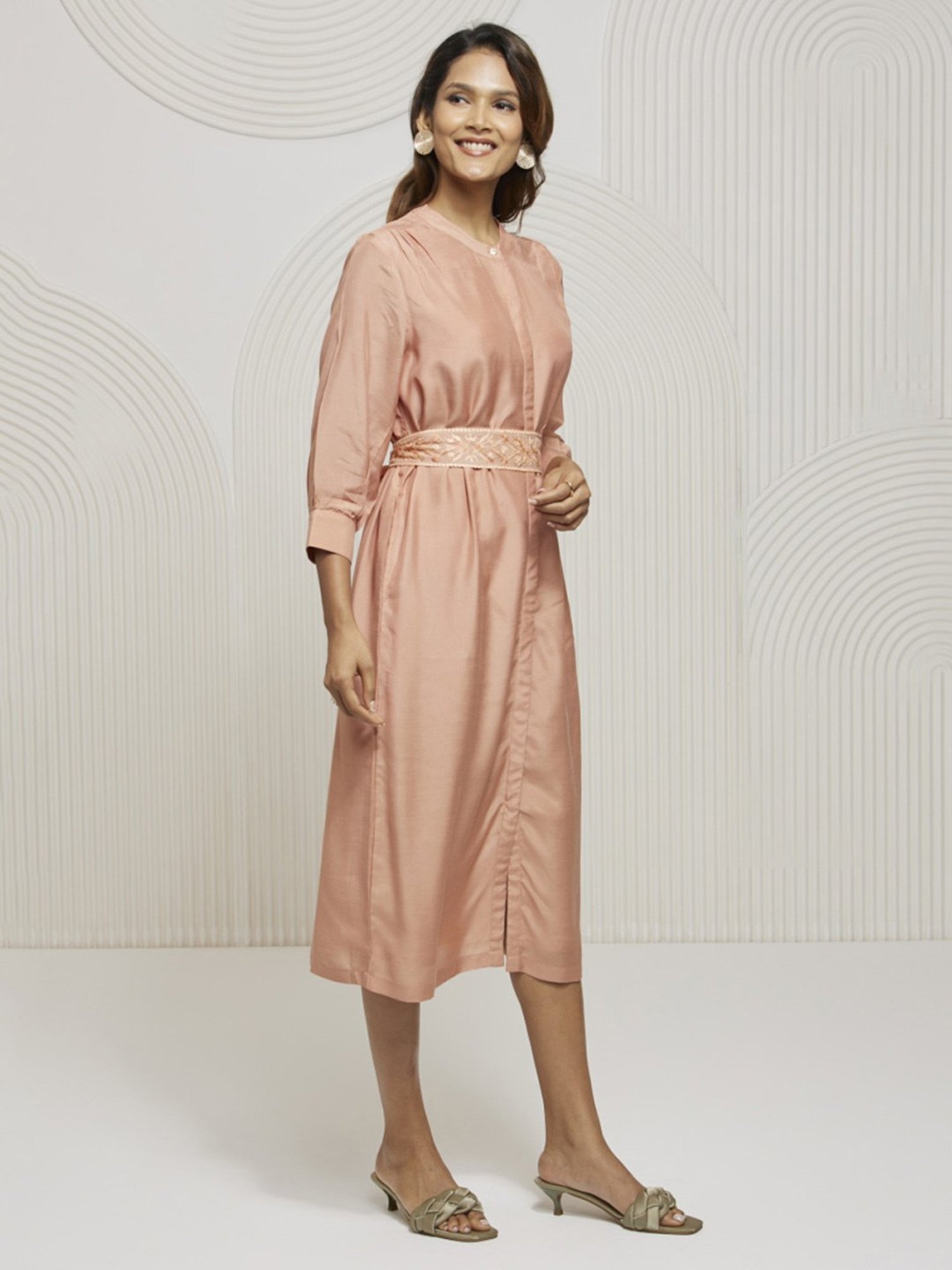Artagai Salmon Pink Shift Dress with Embroidered Belt