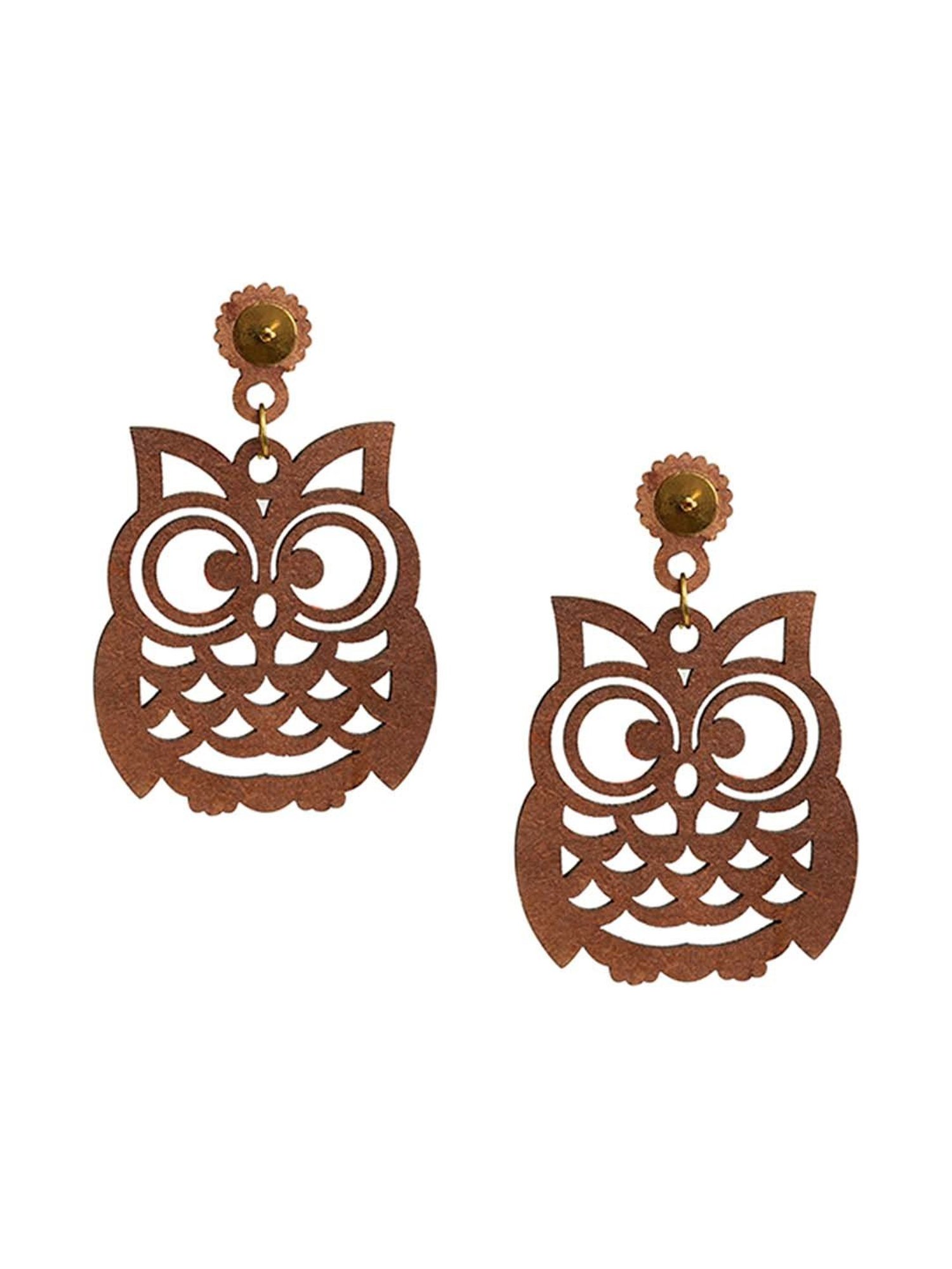 ExclusiveLane 'Symphony of Owls' Teal Blue Handpainted Earrings in Recycled Wood