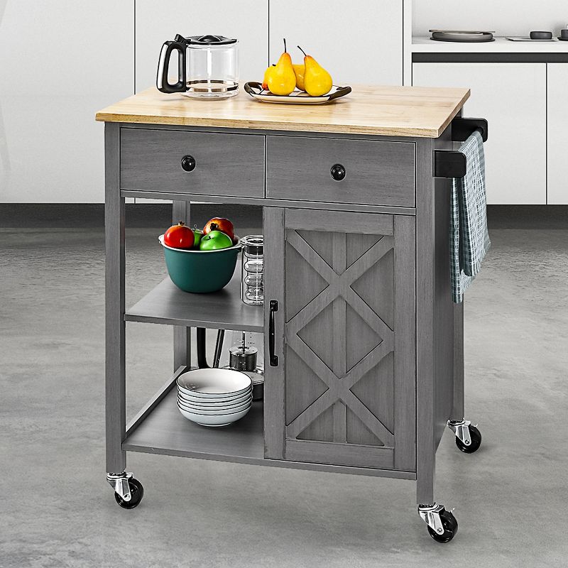 34" Kitchen Cart with Wood Top Gray - Home Essentials