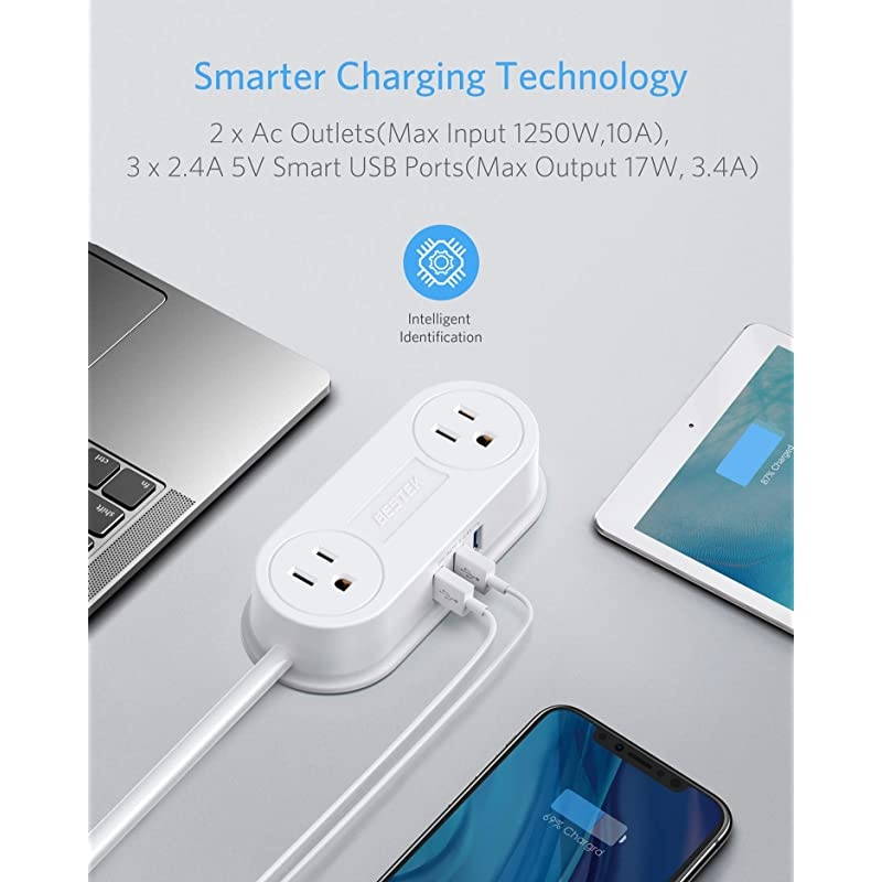 Travel USB Power Strip  3 USB Ports 2 Outlets Thin Portable Desktop Charger Station with Switch Control Adhesive Sticker5 Ft Extension Cord UltraCompact for Cruise Ships Bedside Office