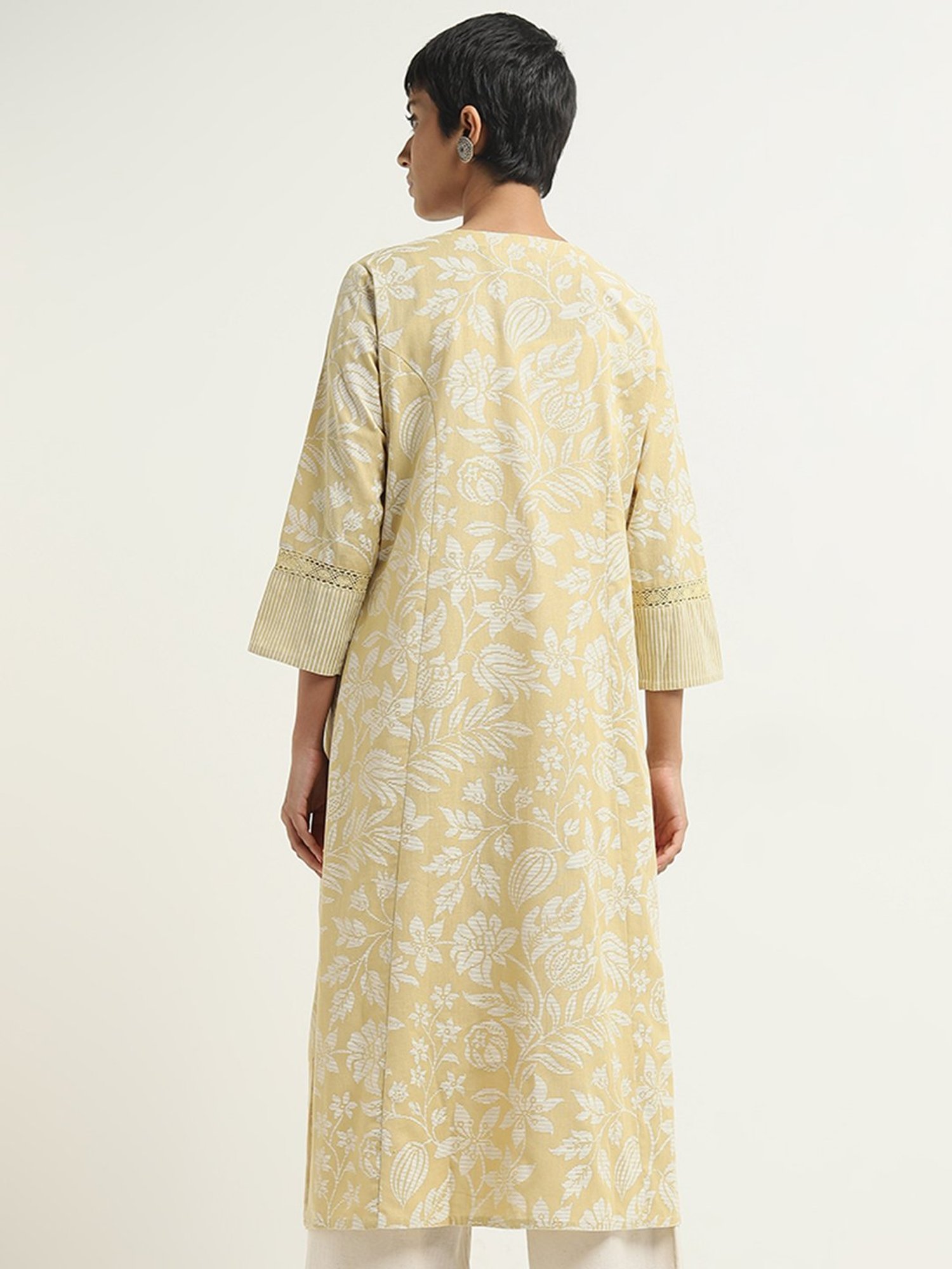 Utsa by Westside Yellow Botanical Printed A-Line Cotton Blend Kurta