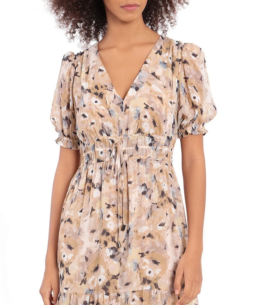 Maggy London Printed Chiffon Puff Sleeve Ruffle Hem Dress