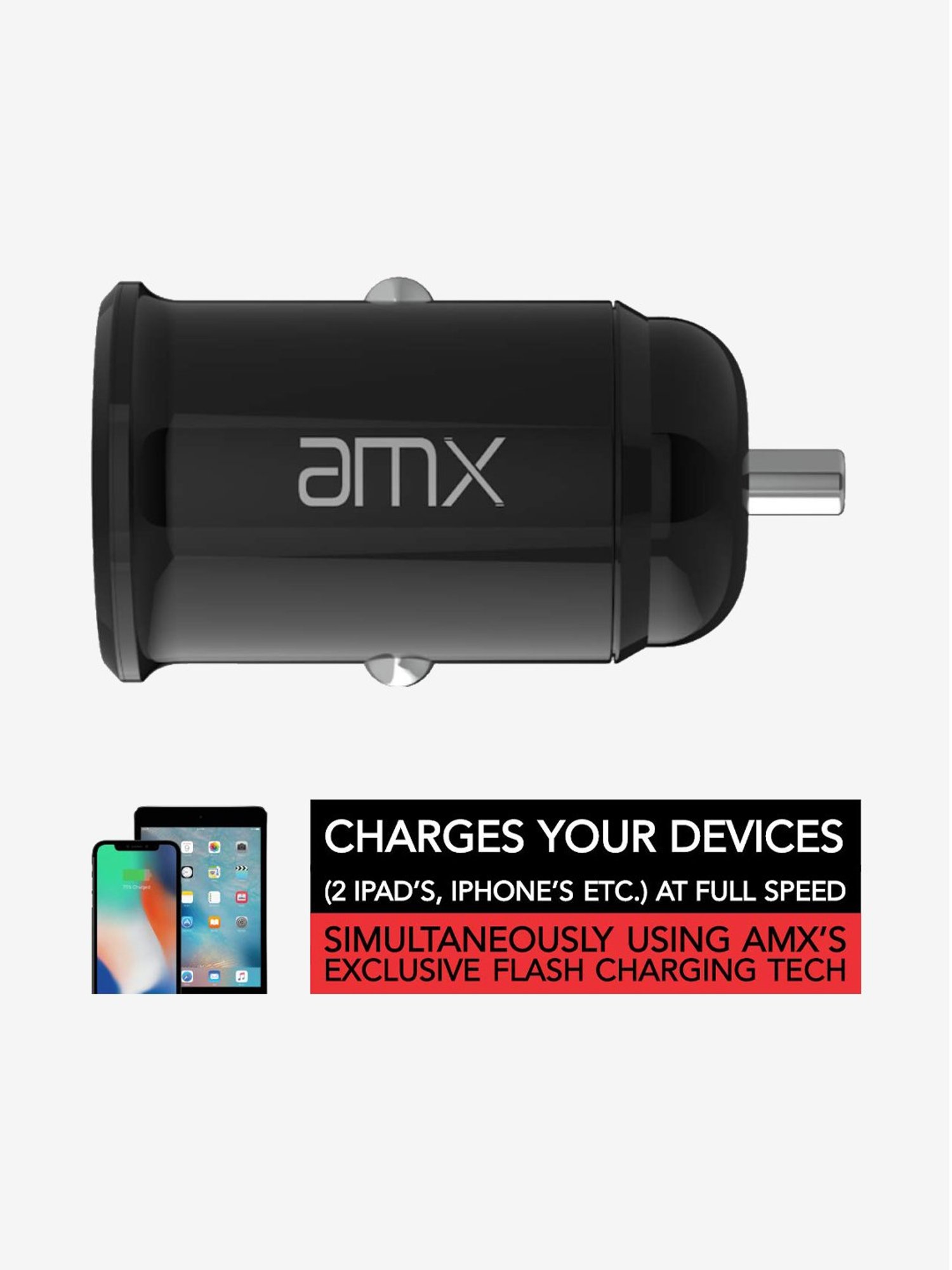 AMX P1 Atom Car Charger 4.8A/24W 2 Port with Micro USB Cable (Black)