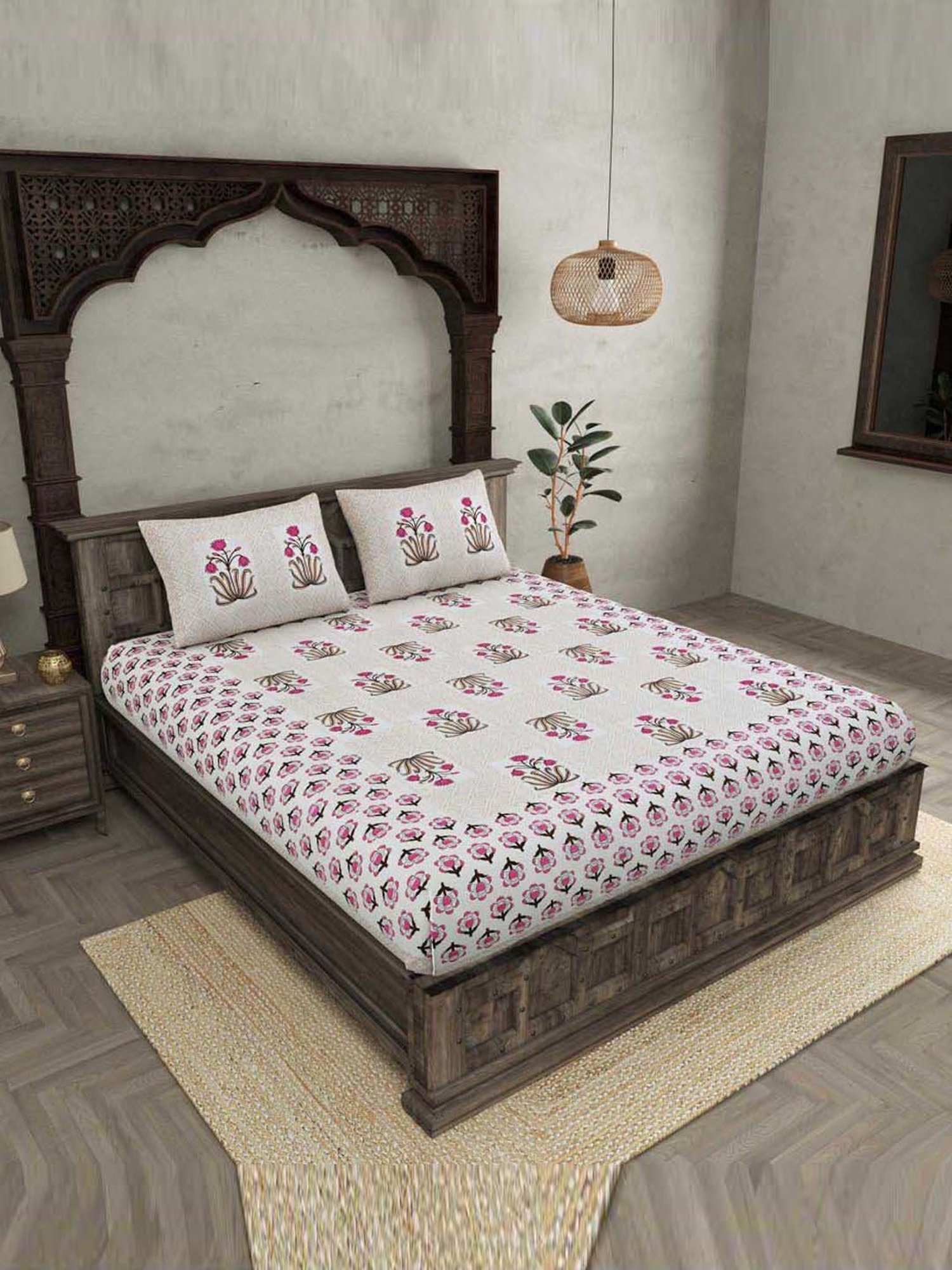 JaipurFabric Pink Cotton 180 TC Double Bedsheet with 2 Pillow Covers