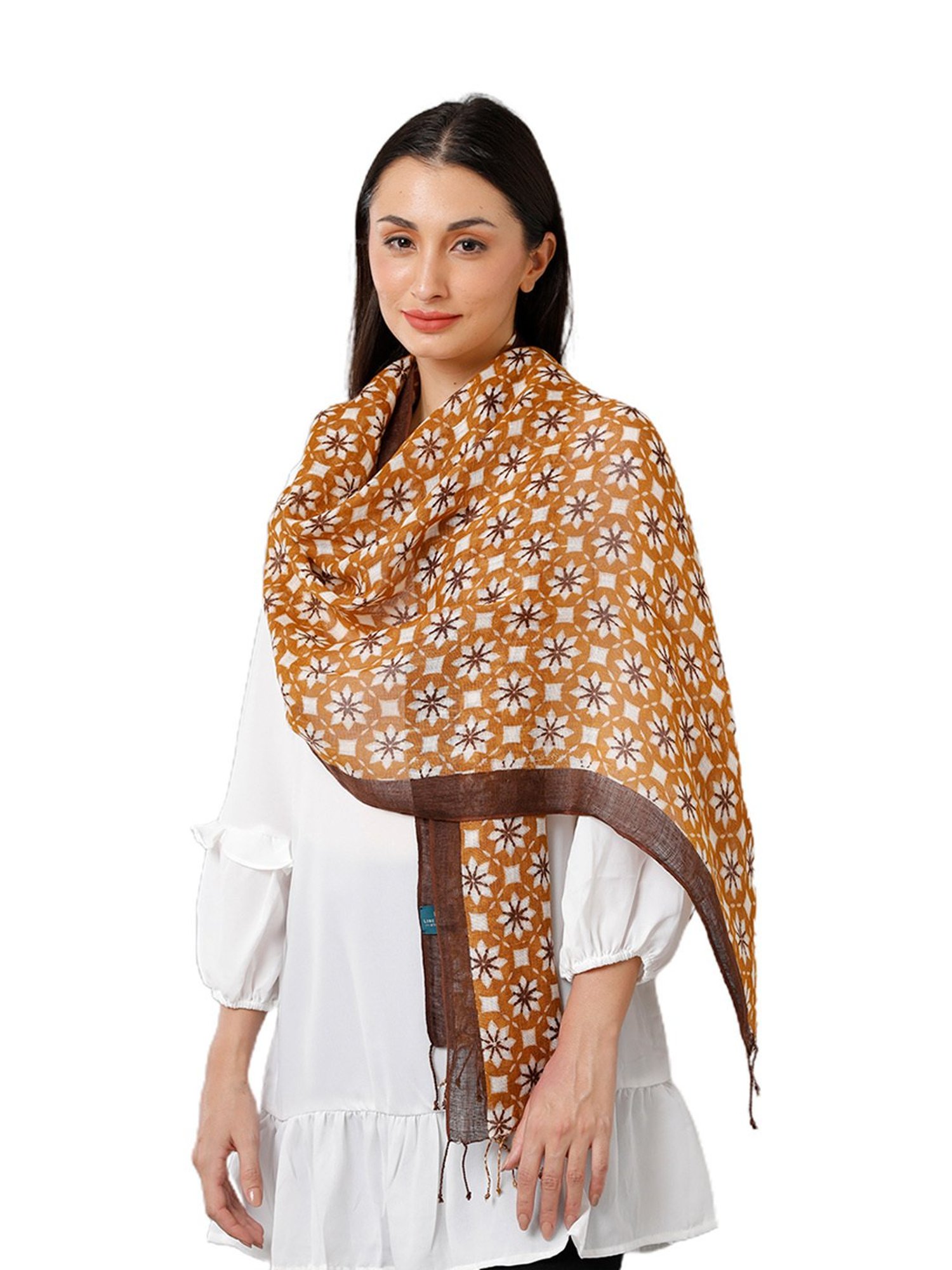 Linen Club Brown Printed Pure Linen Stole
