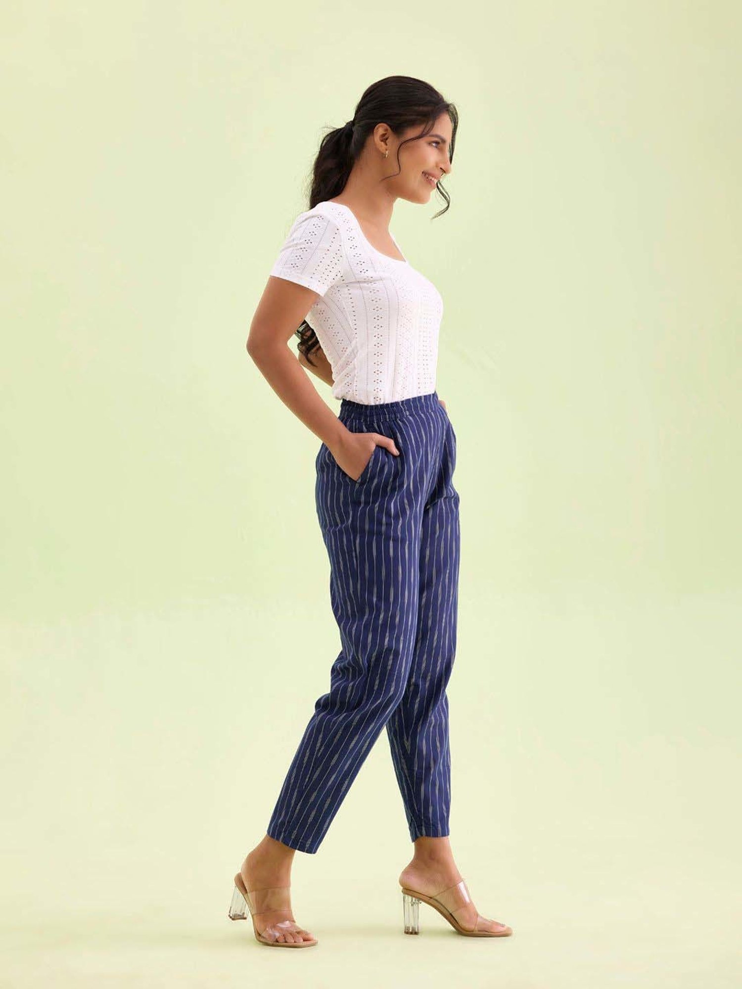 Go Colors! Navy Linen Printed Pencil Pants