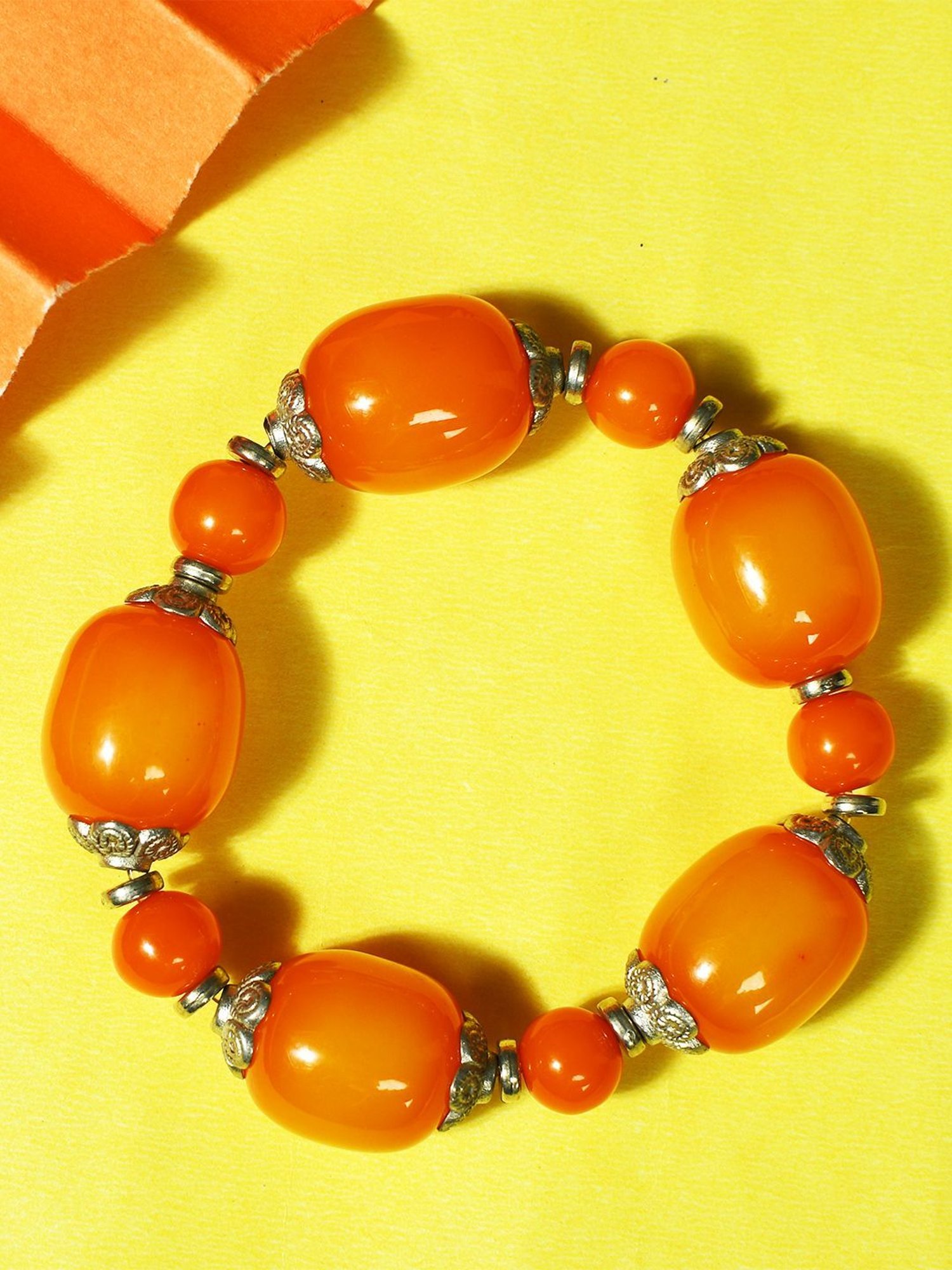 IMLI STREET Orange & Silver Artificial Stone Stretchable Bracelet for Women